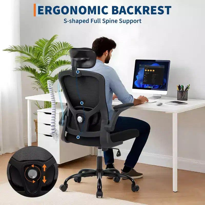 Chaise de bureau ergonomique, Chaise de bureau pivotante à roulettes, Appui-tête et support lombaire réglables, Chaise à roulettes en maille, Accoudoirs relevables