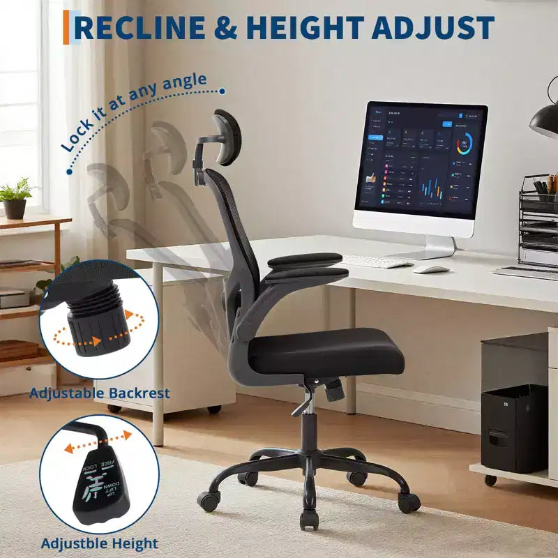 Chaise de bureau ergonomique, Chaise de bureau pivotante à roulettes, Appui-tête et support lombaire réglables, Chaise à roulettes en maille, Accoudoirs relevables