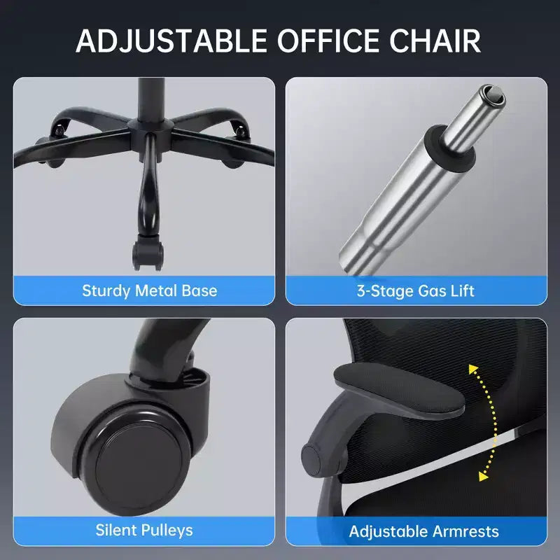 Chaise de bureau ergonomique, Chaise de bureau pivotante à roulettes, Appui-tête et support lombaire réglables, Chaise à roulettes en maille, Accoudoirs relevables