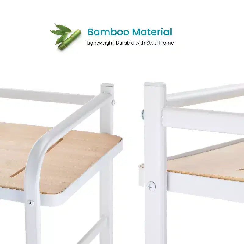 Organisateur de rangement autoportant à 3 niveaux avec accents en bambou et cadre en acier, étagère verticale peu encombrante, blanc