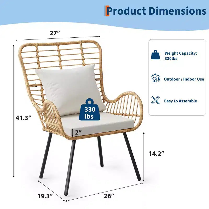 Lot de 2 chaises en osier pour l'extérieur, chaises de patio en osier pour l'intérieur/l'extérieur, fauteuil de club toutes saisons avec coussins résistants à l'eau