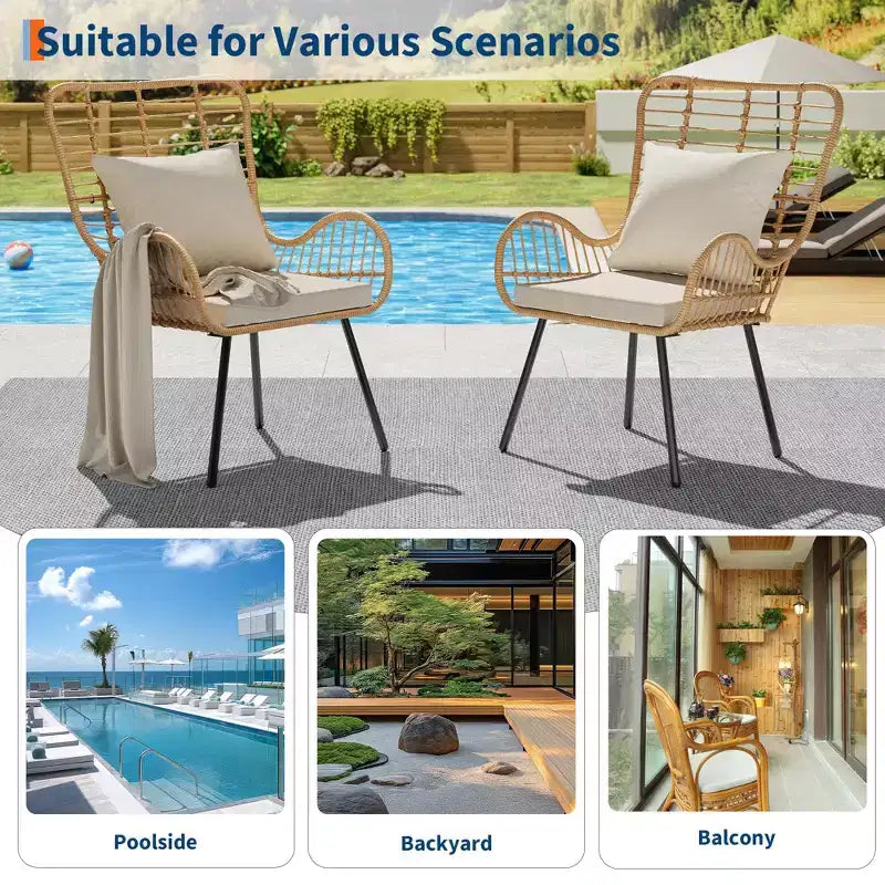 Lot de 2 chaises en osier pour l'extérieur, chaises de patio en osier pour l'intérieur/l'extérieur, fauteuil de club toutes saisons avec coussins résistants à l'eau