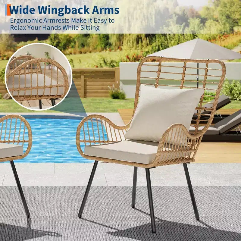 Lot de 2 chaises en osier pour l'extérieur, chaises de patio en osier pour l'intérieur/l'extérieur, fauteuil de club toutes saisons avec coussins résistants à l'eau