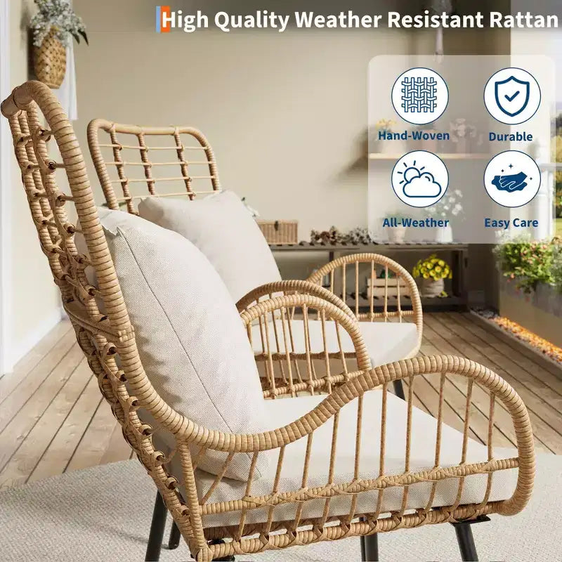 Lot de 2 chaises en osier pour l'extérieur, chaises de patio en osier pour l'intérieur/l'extérieur, fauteuil de club toutes saisons avec coussins résistants à l'eau