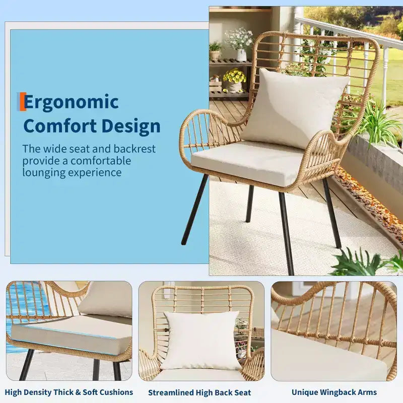 Lot de 2 chaises en osier pour l'extérieur, chaises de patio en osier pour l'intérieur/l'extérieur, fauteuil de club toutes saisons avec coussins résistants à l'eau