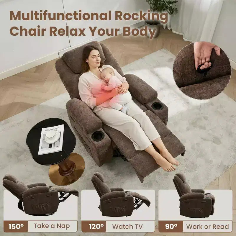 Fauteuil inclinable, fauteuil inclinable à bascule pivotant à 360° pour adultes avec massage et chaleur, fauteuils à bascule électriques