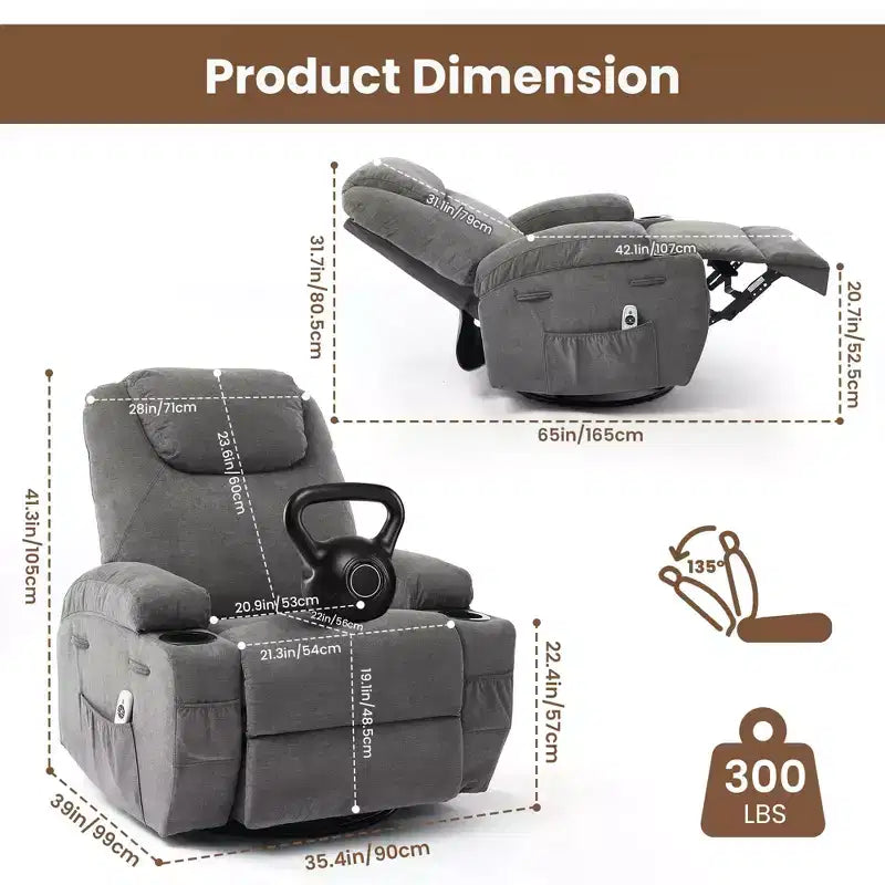 Fauteuil inclinable, fauteuil inclinable à bascule pivotant à 360° pour adultes avec massage et chaleur, fauteuils à bascule électriques