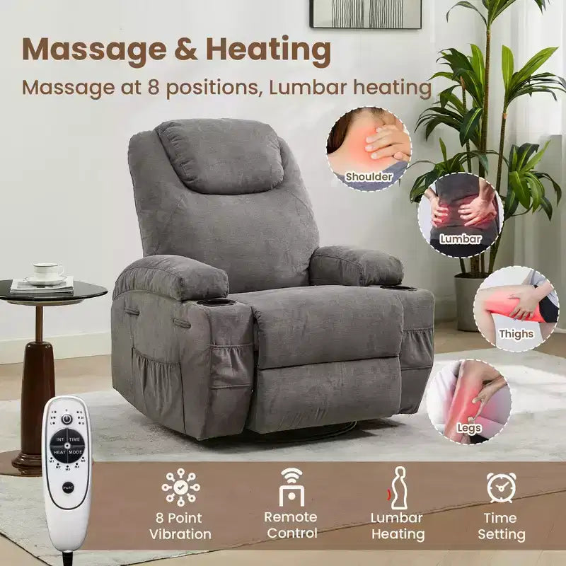 Fauteuil inclinable, fauteuil inclinable à bascule pivotant à 360° pour adultes avec massage et chaleur, fauteuils à bascule électriques