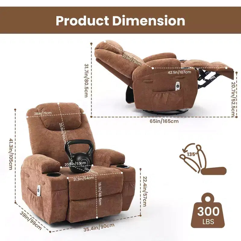 Fauteuil inclinable, fauteuil inclinable à bascule pivotant à 360° pour adultes avec massage et chaleur, fauteuils à bascule électriques