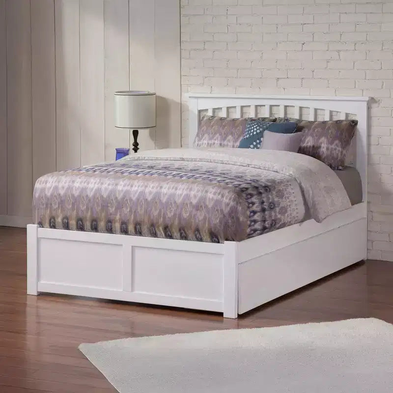 Tête de lit autoportante blanche pleine grandeur de 44,29 po de hauteur avec plateforme de matelas