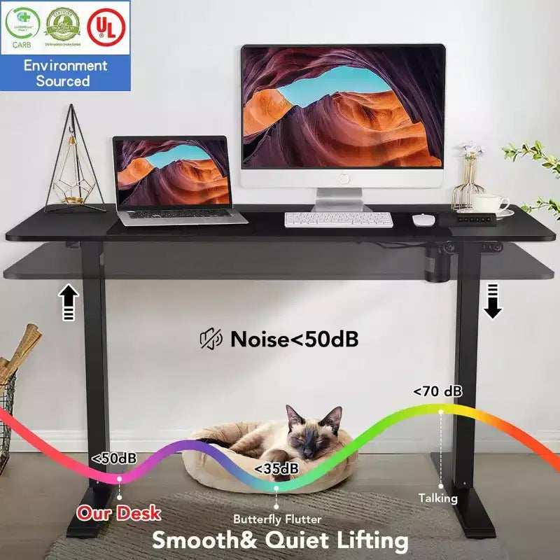 Bureau d'ordinateur électrique debout à hauteur réglable 63×24 avec prise, roulettes, cadre à double poutre, tapis de souris