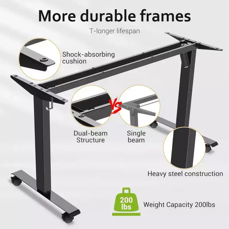 Bureau d'ordinateur électrique debout à hauteur réglable 63×24 avec prise, roulettes, cadre à double poutre, tapis de souris