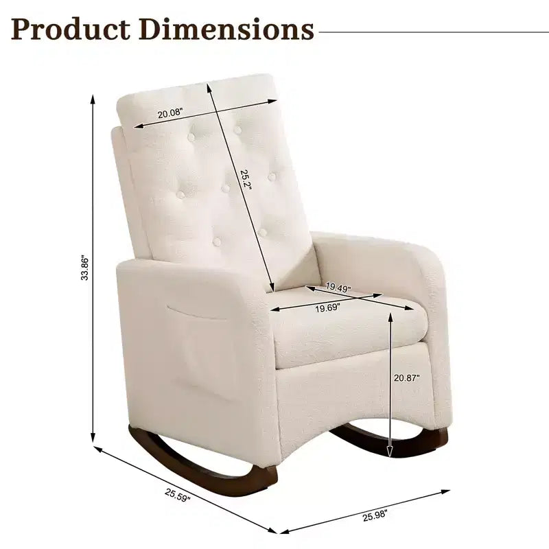 Fauteuil à bascule rembourré, fauteuil à bascule moderne avec oreilles, fauteuil d'appoint confortable avec accoudoirs, pieds en bois d'hévéa, dossier haut et poche latérale