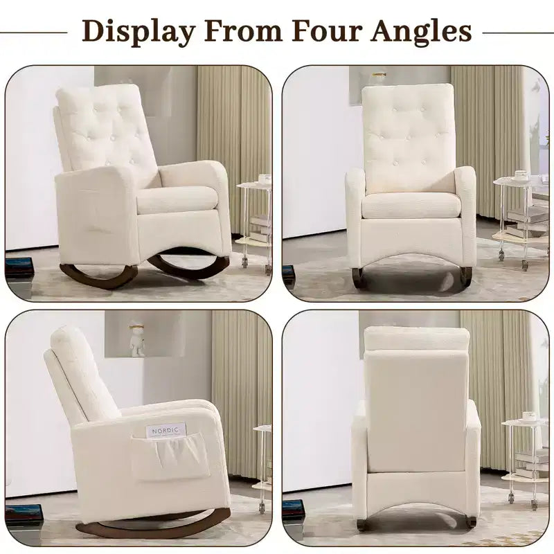 Fauteuil à bascule rembourré, fauteuil à bascule moderne avec oreilles, fauteuil d'appoint confortable avec accoudoirs, pieds en bois d'hévéa, dossier haut et poche latérale