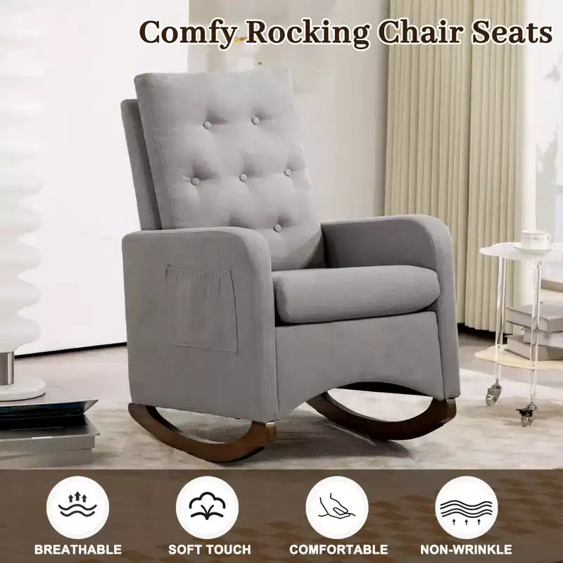 Fauteuil à bascule rembourré, fauteuil à bascule moderne avec oreilles, fauteuil d'appoint confortable avec accoudoirs, pieds en bois d'hévéa, dossier haut et poche latérale