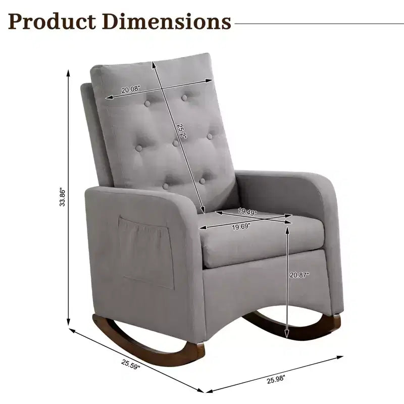 Fauteuil à bascule rembourré, fauteuil à bascule moderne avec oreilles, fauteuil d'appoint confortable avec accoudoirs, pieds en bois d'hévéa, dossier haut et poche latérale