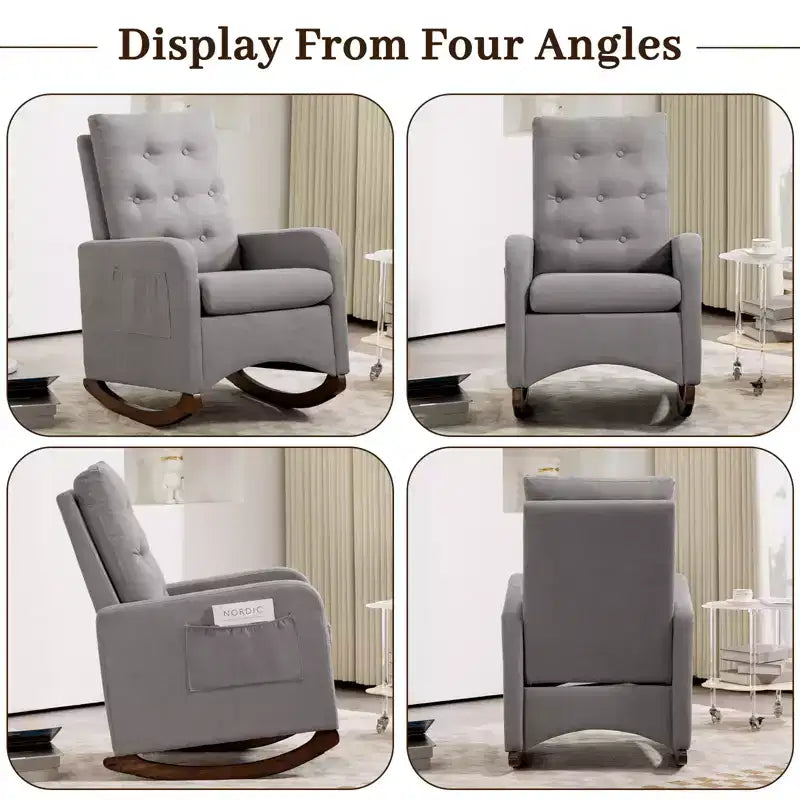 Fauteuil à bascule rembourré, fauteuil à bascule moderne avec oreilles, fauteuil d'appoint confortable avec accoudoirs, pieds en bois d'hévéa, dossier haut et poche latérale