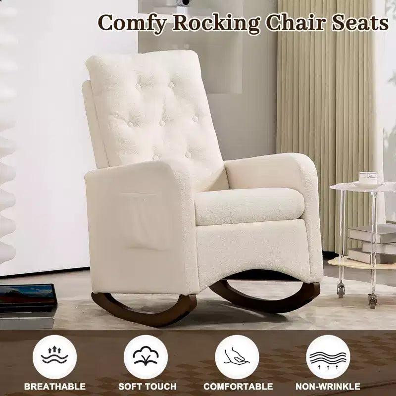 Fauteuil à bascule rembourré, fauteuil à bascule moderne avec oreilles, fauteuil d'appoint confortable avec accoudoirs, pieds en bois d'hévéa, dossier haut et poche latérale