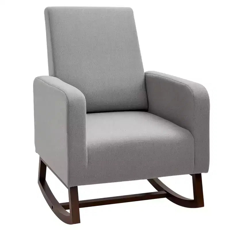 Accent Lounge Rocking Chair with Solid Curved Wood Base and Linen Padded Seat