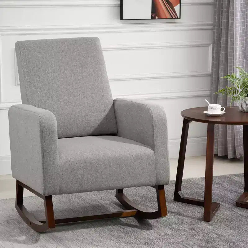Accent Lounge Rocking Chair with Solid Curved Wood Base and Linen Padded Seat
