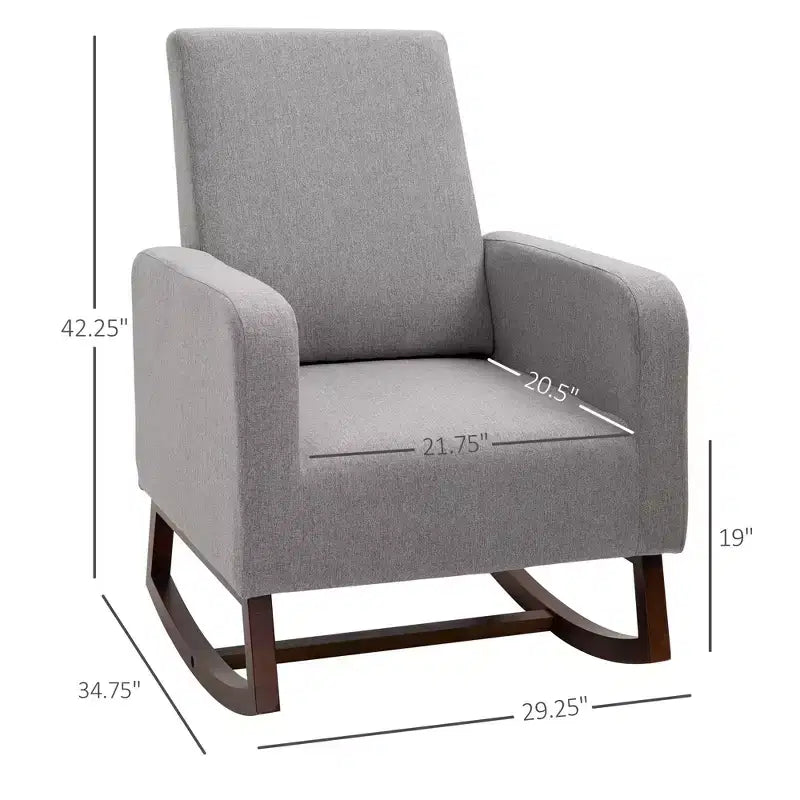 Accent Lounge Rocking Chair with Solid Curved Wood Base and Linen Padded Seat