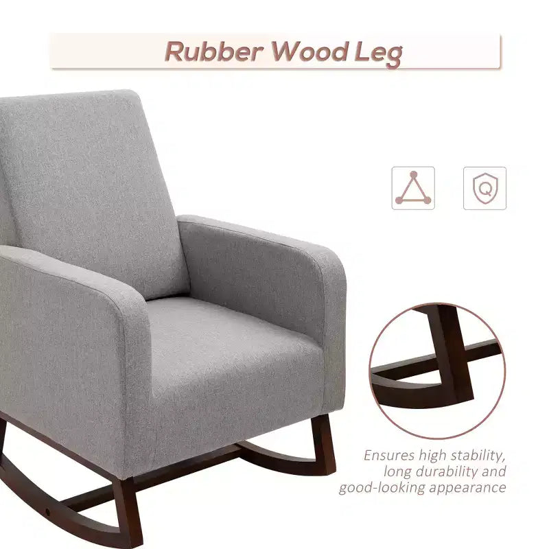 Accent Lounge Rocking Chair with Solid Curved Wood Base and Linen Padded Seat