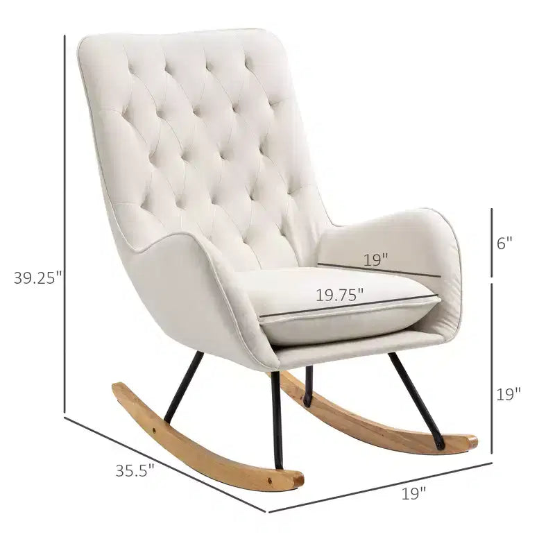 Mid-Century Fabric Rocking Chair Sofa Armchair Tufted Rocker Wingback Accent Chair with Padded Seat, Rubber Wood Base for Home Studio, Bedroom