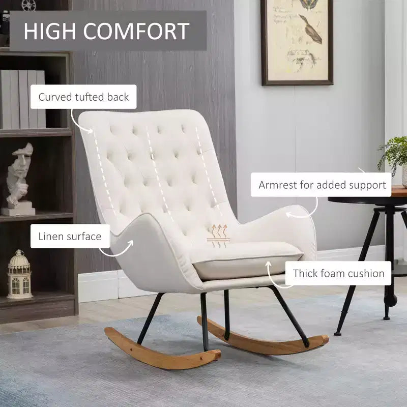 Mid-Century Fabric Rocking Chair Sofa Armchair Tufted Rocker Wingback Accent Chair with Padded Seat, Rubber Wood Base for Home Studio, Bedroom