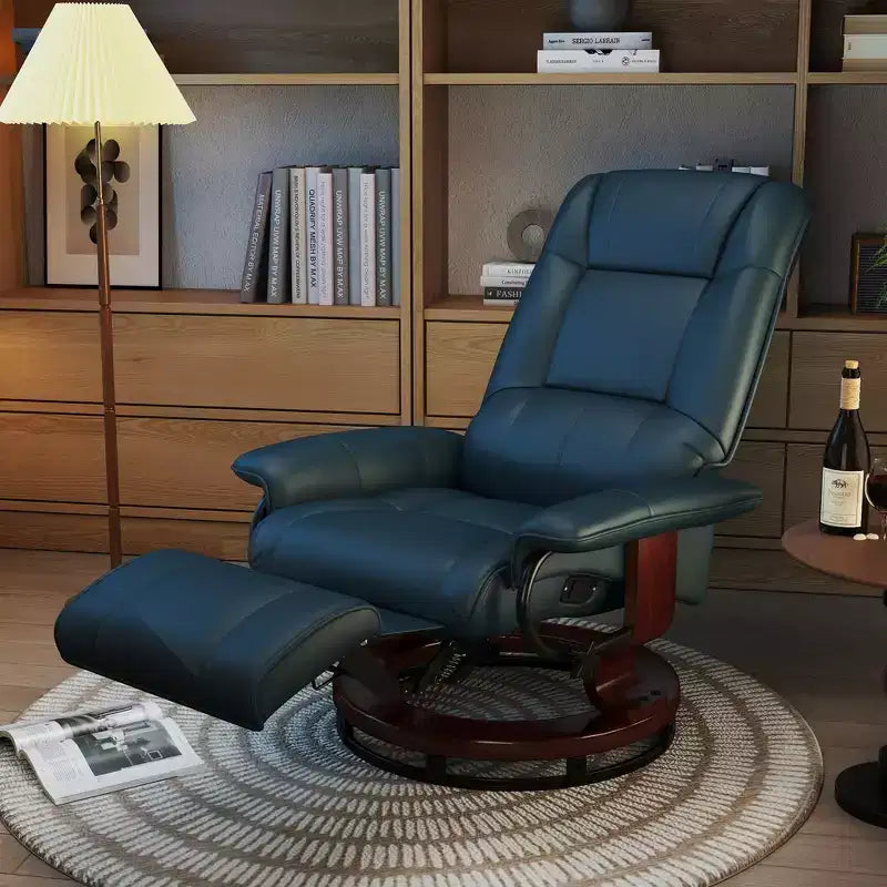 Faux Leather Manual Recliner, Adjustable Swivel Lounge Chair with Footrest, Armrest and Wrapped Wood Base for Living Room