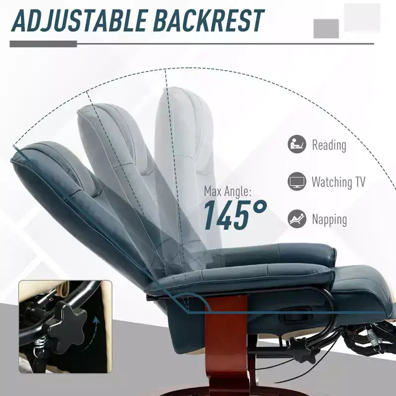 Faux Leather Manual Recliner, Adjustable Swivel Lounge Chair with Footrest, Armrest and Wrapped Wood Base for Living Room