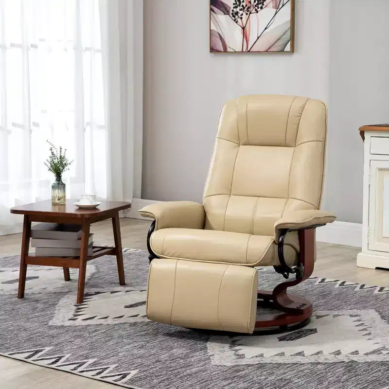 Faux Leather Manual Recliner, Adjustable Swivel Lounge Chair with Footrest, Armrest and Wrapped Wood Base for Living Room