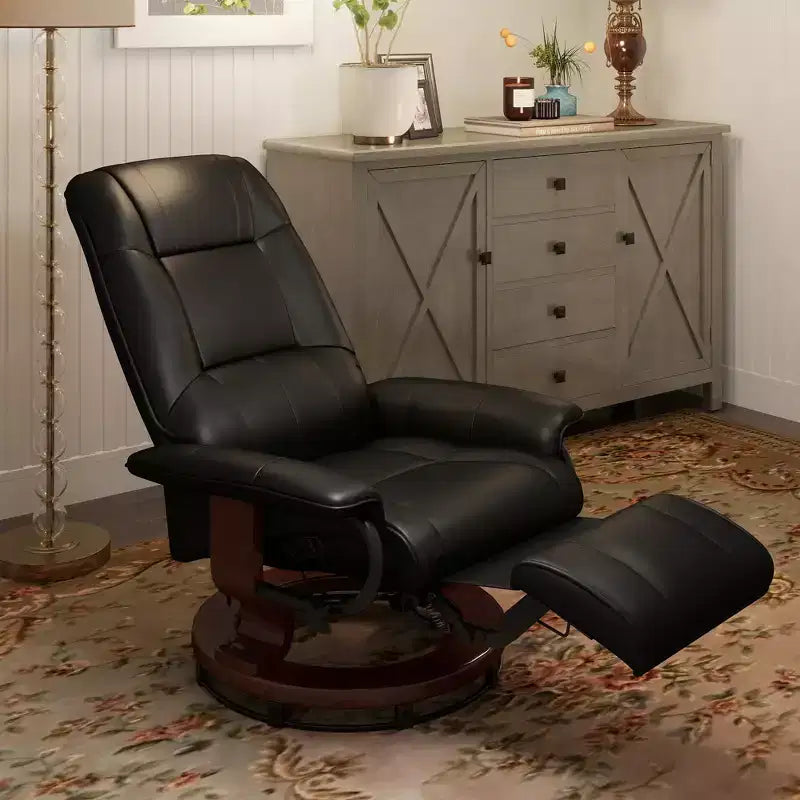 Faux Leather Manual Recliner, Adjustable Swivel Lounge Chair with Footrest, Armrest and Wrapped Wood Base for Living Room