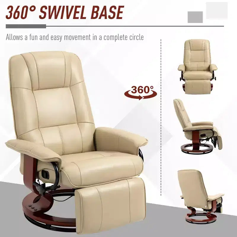 Faux Leather Manual Recliner, Adjustable Swivel Lounge Chair with Footrest, Armrest and Wrapped Wood Base for Living Room