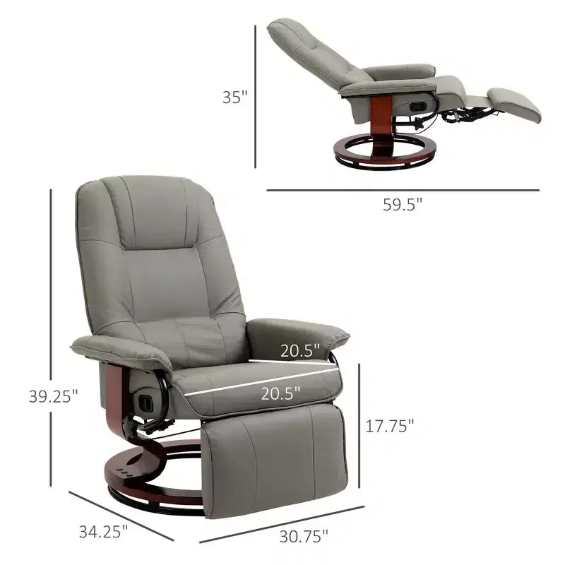 Faux Leather Manual Recliner, Adjustable Swivel Lounge Chair with Footrest, Armrest and Wrapped Wood Base for Living Room