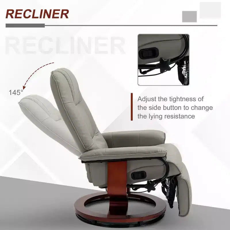 Faux Leather Manual Recliner, Adjustable Swivel Lounge Chair with Footrest, Armrest and Wrapped Wood Base for Living Room