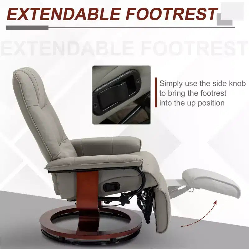 Faux Leather Manual Recliner, Adjustable Swivel Lounge Chair with Footrest, Armrest and Wrapped Wood Base for Living Room