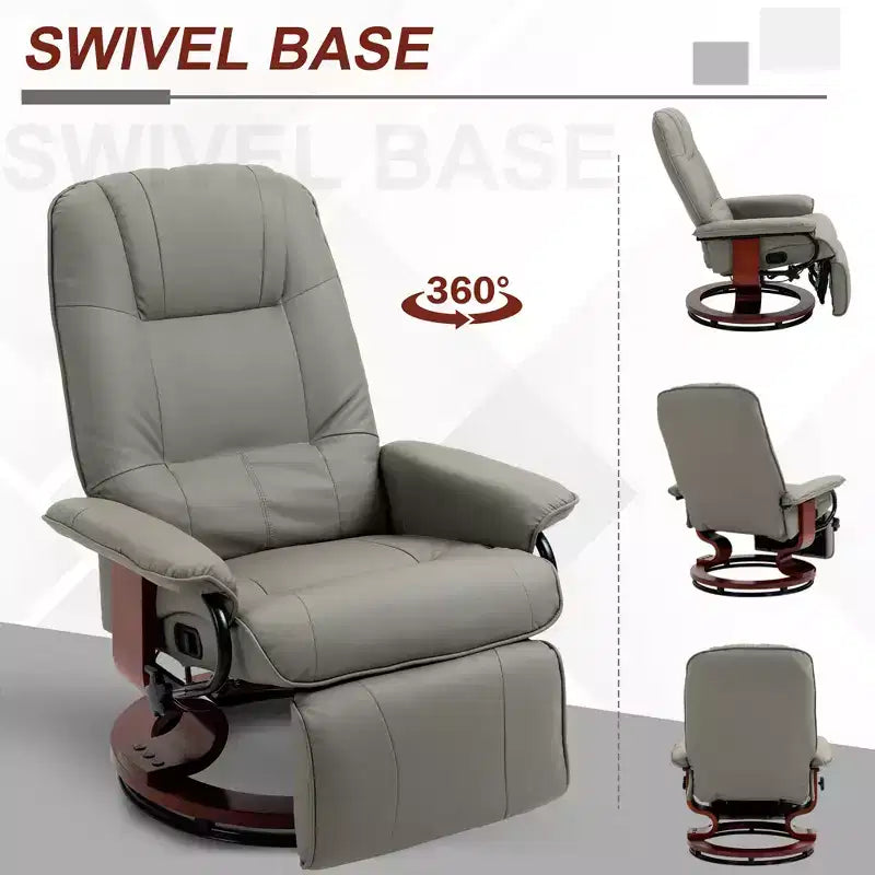 Faux Leather Manual Recliner, Adjustable Swivel Lounge Chair with Footrest, Armrest and Wrapped Wood Base for Living Room