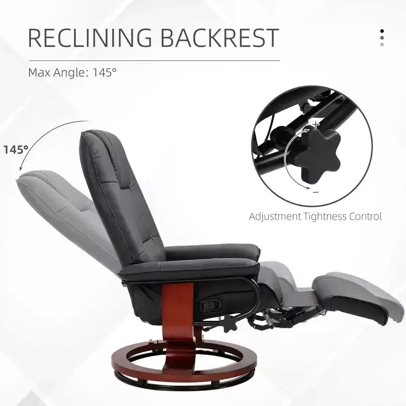 Faux Leather Manual Recliner, Adjustable Swivel Lounge Chair with Footrest, Armrest and Wrapped Wood Base for Living Room