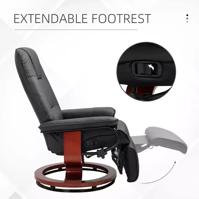 Faux Leather Manual Recliner, Adjustable Swivel Lounge Chair with Footrest, Armrest and Wrapped Wood Base for Living Room