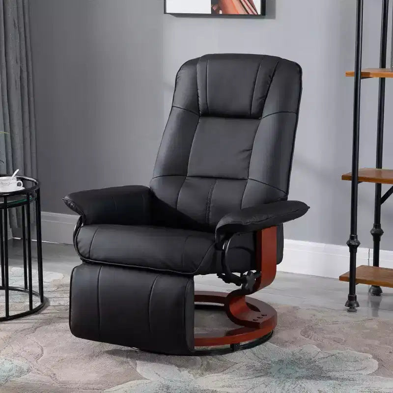 Faux Leather Manual Recliner, Adjustable Swivel Lounge Chair with Footrest, Armrest and Wrapped Wood Base for Living Room