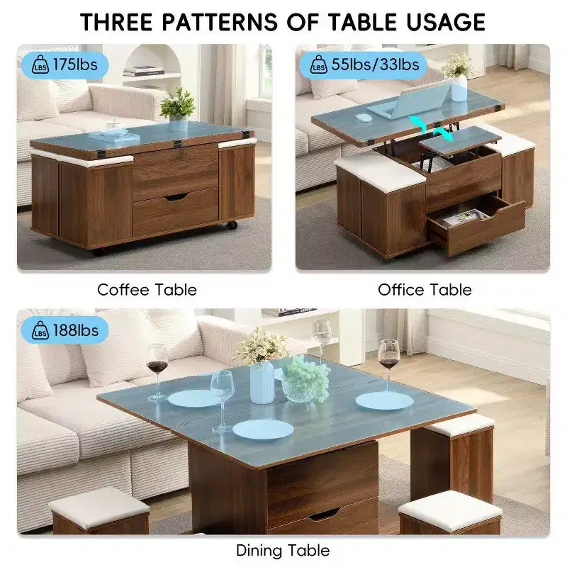 Table basse relevable moderne avec rangement, table centrale mobile pour petits salons ou appartements