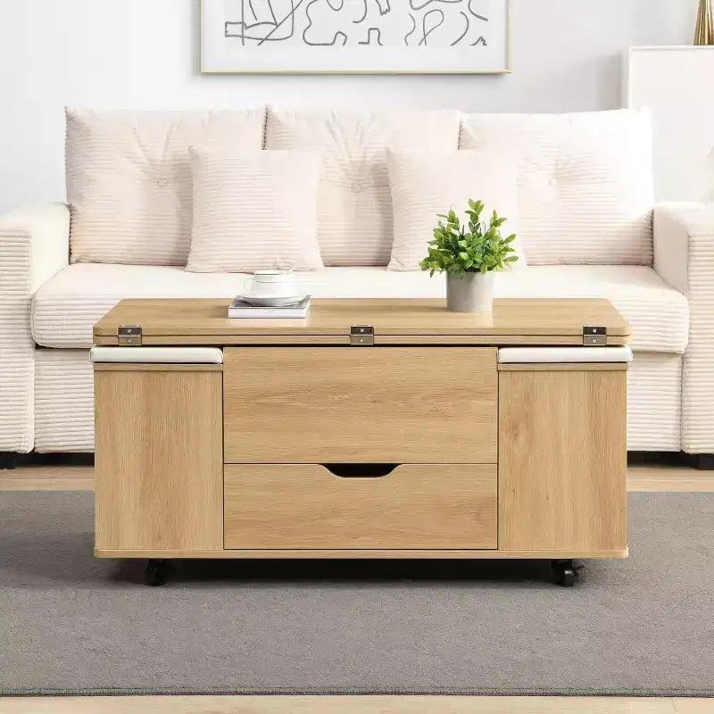 Table basse relevable moderne avec rangement, table centrale mobile pour petits salons ou appartements