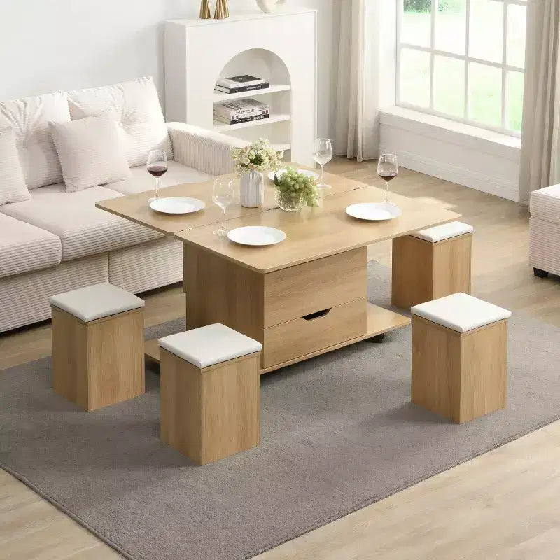 Table basse relevable moderne avec rangement, table centrale mobile pour petits salons ou appartements