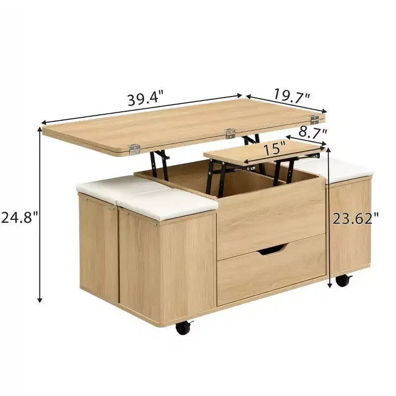 Table basse relevable moderne avec rangement, table centrale mobile pour petits salons ou appartements