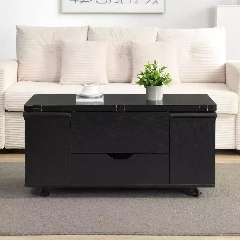 Table basse relevable moderne avec rangement, table centrale mobile pour petits salons ou appartements