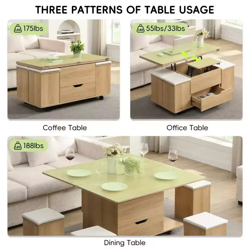 Table basse relevable moderne avec rangement, table centrale mobile pour petits salons ou appartements