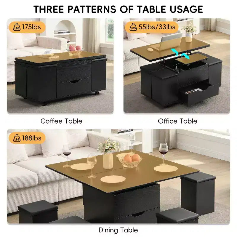 Table basse relevable moderne avec rangement, table centrale mobile pour petits salons ou appartements