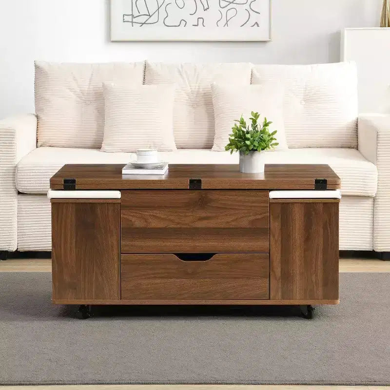 Table basse relevable moderne avec rangement, table centrale mobile pour petits salons ou appartements