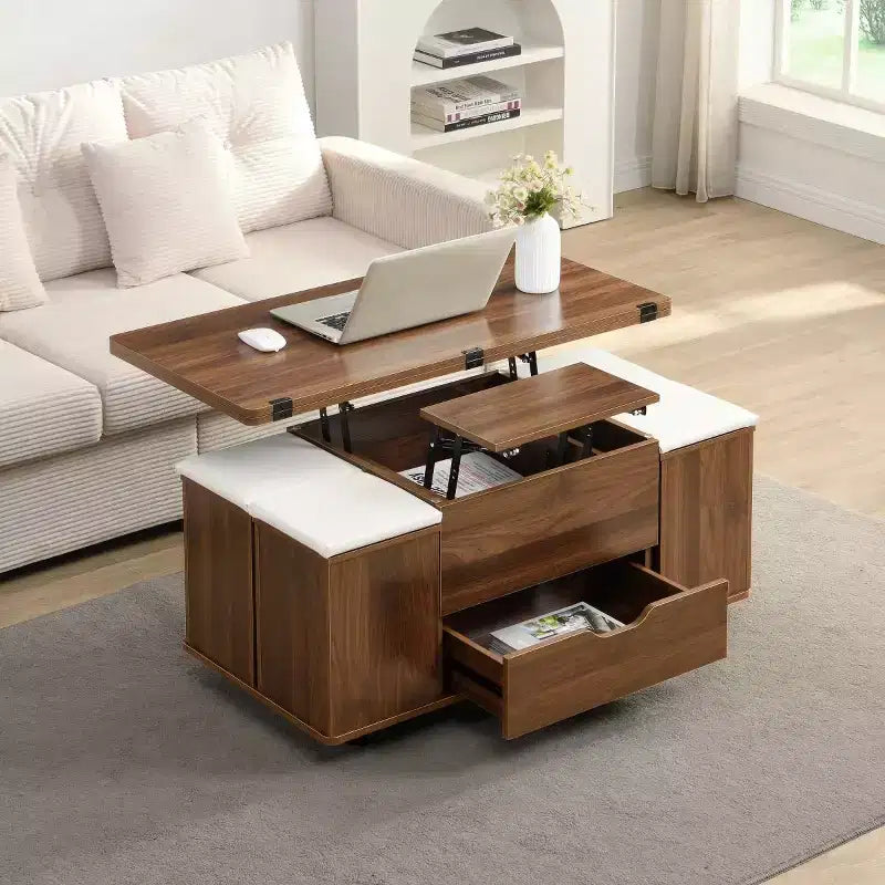 Table basse relevable moderne avec rangement, table centrale mobile pour petits salons ou appartements