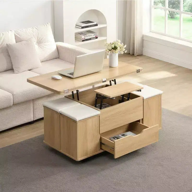 Table basse relevable moderne avec rangement, table centrale mobile pour petits salons ou appartements